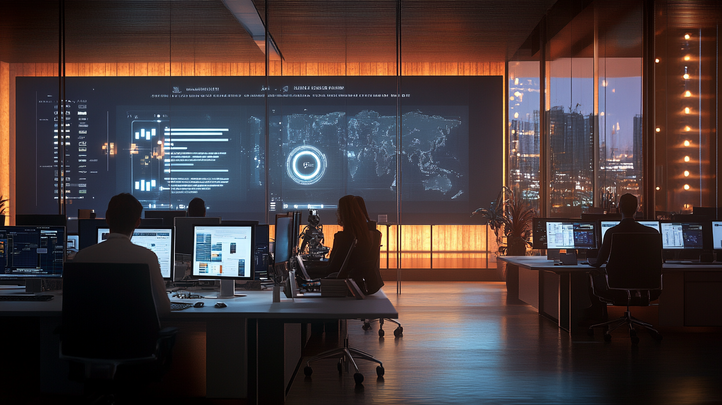 People working in modern office with data visualization
