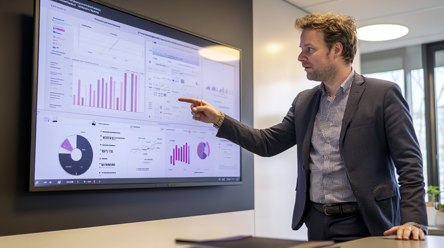Business professional pointing at analytics dashboard